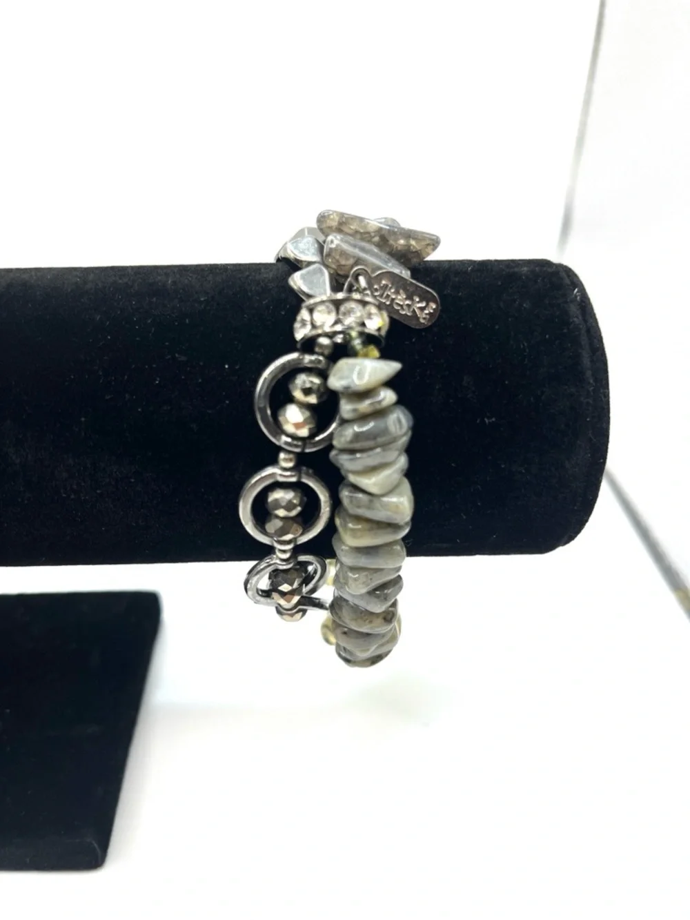 Treska Gray Beaded Silver Stretch Double Bracelet Set Gray Gun Metal Bracelets